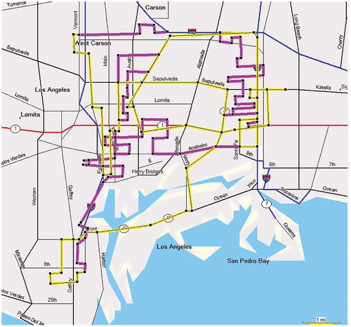 Figure 1. Sampling routes driven in winter and summer of 2007 (Port/Freeway/Truck route in yellow, Residential route in pink).
