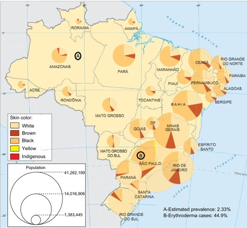 Figure 1 Brazilian Federal Units and their respective skin color distributions and populations.