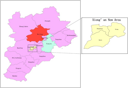 Figure 8. Locations of the Beijing–Tianjin–Hebei Urban Agglomeration and Xiong’an New Area.