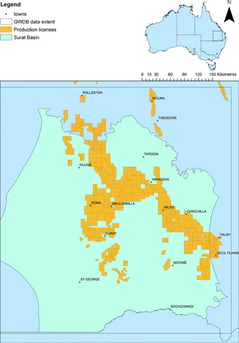 Figure 1. Location of the Surat Basin in Queensland, Australia (top). The bottom panel shows the Surat Basin in green and the CSG lisenced tenements in orange.
