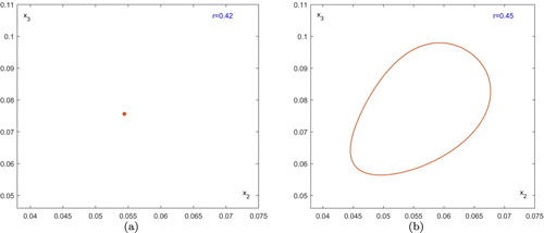 Figure 4. The positive fixed point p undergoes a supercritical Neimark–Sacker bifurcation. (a) a stable fixed point; (b) a stable invariant circle.