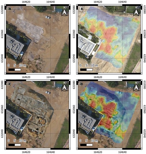 Figure 16. A semi-transparent map of the excavation orthophotos overlaid onto one GPE depth slice map. A. A post-2019 season orthophoto. B. A GPR depth slice (0.6 m) overlaying a post-2019 season orthophoto. C. A post-2021 season orthophoto. D. A GPR depth slice (0.6 m) overlaying a post-2021 season orthophoto, demonstrating the strong correlation between the GPR images and the actual excavation findings.