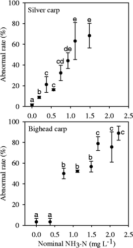 Figure 3. Abnormal rates of fertilized eggs of silver carp and bighead carp incubated under different NH3–N concentrations. Vertical bars represent ± 1 SE.