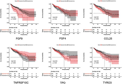 Figure 7. Results for survival analysis. Survival curves shows the prognostic value of FGF9, TPO, TNFRSF10C, TYRO3, CCL25 and FGF4. Red represents the high-risk group and black the low-risk group