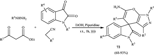 Scheme 129. Synthesis of spiro[indoline-3,4′-pyrano[2,3-c]pyrazole] derivatives in the presence of piperidine under ultrasonic irradiations.