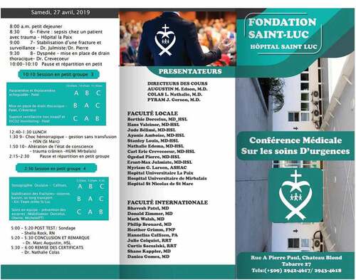 Figure 1. Brochure and schedule for 2019 National Medical Conference on Critical Care Conference organized and hosted by Haitian physicians and staff at St. Luke’s Hospital in Port- au-Prince.