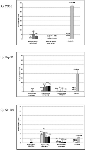 Figure 5.  Transfection efficiency of Pro25:pDNA, Pro100:pDNA, and Pro200:pDNA complexes on COS-I (A), HepG2 (B), and Na1300 (C) cell lines, as assessed by flow cytometry.