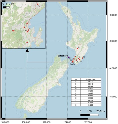 Figure 1. Map illustrating the location of the 15 RS 4D sensors installed for the experimental EEWS and the epicentre for the 22 September 2022 earthquake. The inset shows the locations of sensors installed in Wellington city; identified by station IDs A, C, D, E, F, G, H and I.