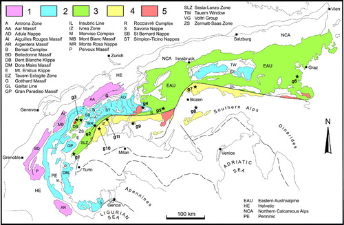 Figure 2. Tectonic sketch map of the Alps; 1 = crystalline massifs of the Helvetic units; 2 = continental Penninic units; 3 = Austroalpine units; 4 = Southalpine crystalline basement units; 5 = Periadriatic Oligocene intermediate to granitic magmatic bodies. Stars = Permian gabbroic bodies in the pre-Alpine continental crust: g1 = Corio – Monastero (SLZ); g2 = Sermenza (SLZ); g3 = Matterhorn – Collon – Sassa (DB); g4 = Fedoz – Braccia; g5 = Sondalo; g6 = Baerofen and Gressenberg; g7 = Bressanone - Chiusa; g8 = Predazzo - Monzoni; g9 = Val Biandino; g10 = Ivrea Val Mastallone; g11 = Ivrea - Finero. The red star locates the Sassa complex.