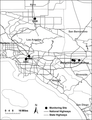 FIG. 1 Geographic location of the monitoring sites in Los Angeles and Riverside County with select roadway features shown (to scale).