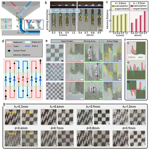 Figure 2. (a) Schematics of the nozzle outlet with the relevant dimensions labelled; (b) examples of the switching delay in the printing direction when printing with different nozzle heights; (c) comparison of the advance distance calculated theoretically and obtained experimentally with different combinations of nozzle heights h2 and diameters d; mean ± standard deviation, n=5; (d) Schematic that explains how a chess board pattern was optimised with advance distance; (e) Printed chessboards with and without optimisation: (e1) unoptimised chessboard in unit of 10mm×10mm; (e2) unoptimised chessboard in unit of 5mm×5mm; (e3) optimised chessboard in unit of 5mm×5mm; Black scale bars, 3 mm; White scale bars, 500 μm; (f) Detailed comparison of the printed chessboards in unit of 5mm×5mm; (g) Printed chessboards with different nozzle heights, diameters; Scale bars, 2 mm.