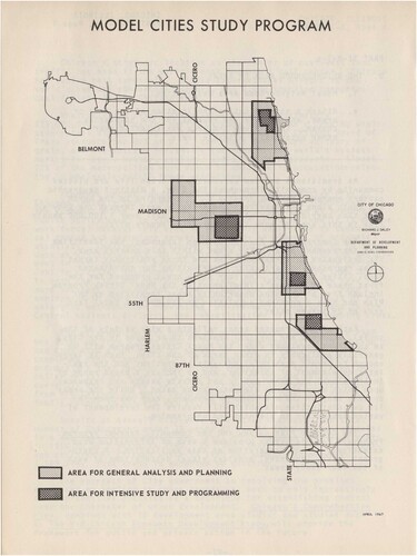 Figure 5. Maps of Chicago Model Cities Study Program Areas, showing from top to bottom, Uptown, Lawndale, Grand Boulevard (Near South), and Woodlawn. Source: The Chicago Approach to Model Cities, 1967, New York Public Library.