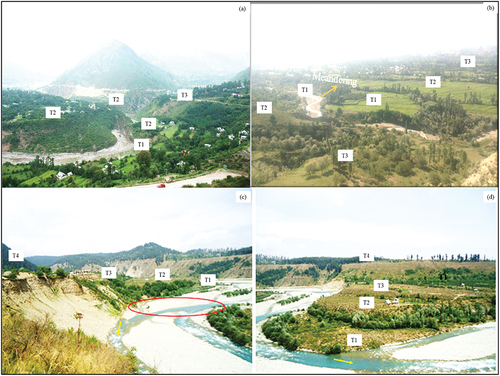 Figure 13. Presence of different unpaired terraces (a) Jhelum river Uri (b) Erin at Bandipora (c) Shaliganga river Budgam and (d) Rambiara river Shopian. The absence of equivalent paired terraces suggest basin tilting and higher structural control.