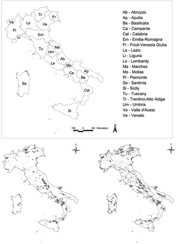 Figure 1 Upper panel: map representing Italy and the boundaries of the 20 administrative regions (northern Italy: Va, Pi, Li, Lo, Tr, Ve, Fr, Em; central Italy: Tu, Ma, Um, La; southern Italy: Ab, Mo, Ca, Ap, Ba, Cal, Si, Sa). Lower panels: maps representing the distribution of the National Protected Areas (NPAs, left) and Natura2000 sites (right) in Italy.