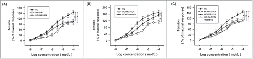 Figure 4. Effects of NS1619, Na3VO4, and Genistein on ACh-induced contraction of the SO rings in HC rabbits. (A) The concentration-response curve of ACh-induced contraction of the SO rings in the control, HC and HC+NS1619 groups. SO rings were pretreated with NS1619 (30 μM) for 15minutes. (B) The concentration-response curve of ACh-induced contraction of the SO rings in the HC, HC + Na3VO4, and HC + Genistein groups. SO rings were pretreated with Na3VO4 (100 μM) for 30 min, or Genistein (10 μM) for 30 min. (C) The concentration-response curve of ACh-induced contraction of the SO rings in the HC, HC + Na3VO4, HC + NS1619, and HC + Na3VO4 + NS1619 groups. SO rings were pretreated with Na3VO4 (100 μM) for 30 min, or/and NS1619 (30 μM) for 30 min. n = 8. *p < 0.05, # p < 0.01.