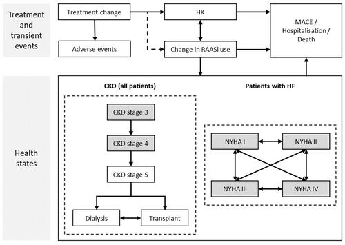 Figure 1. Markov model for HK in CKD patients with or without HF. The squares represent different health states that are mutually exclusive. CKD stages 3–4 and NHYA I–IV represent starting health states. Abbreviations. CKD, chronic kidney disease; HF, heart failure; HK, hyperkalemia; MACE, major adverse cardiac events; NYHA, New York Heart Association; RAASi, renin-angiotensin-aldosterone system inhibitors.