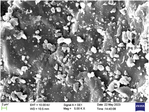 Figure 10. Microscopic image of PU elastomer material under (125 m/min) cutting speed, (0.18mm/rev) feed, (0.50 mm) depth of cut and LN2 conditions.