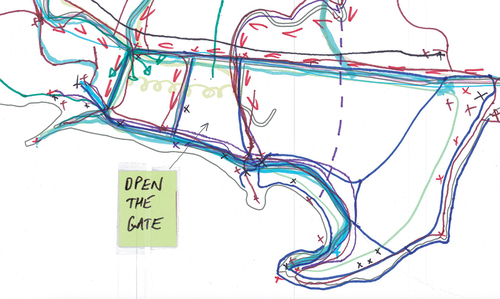 Figure 2. Detailed view of routes map depicting horse riding across the common, walking routes through the Golf Course, and a sticky note referring to a chain that is used to block vehicular entrance to the compound.