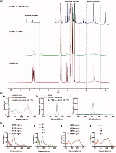 Figure 2. Characterization of the Glu-PEG-Azo-IR808-S-S-PTX conjugate. (A) 1HNMR of conjugates; (B) UV-Vis absorption spectra of conjugates (a) and fluorescence emission spectra of the conjugates excited at 660 nm (b, c); (C) UV-Vis absorption spectra change of the Glu-PEG-Azo-IR808-S-S-PTX conjugate (a, b) and Glu-PEG-IR808-S-S-PTX conjugate (c, d) following treatment with Na2S2O4 at different concentrations and time.