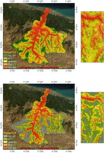 Figure 5. Forest fire susceptibility using five algorithms: a) GLM, b) PLS-GLM, c) Boosted-GLM, d) Bagging-GLM, and e) Bayesian-GLM.