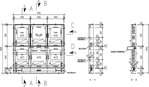 Fig. 4. Elevation of test wall (applies to both objects 1 and 2). Vertical wall cross-section at window is shown in A-A and at balcony in B-B.