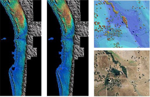 Figure 2. Primary monitoring data consist of radiometrically calibrated true orthophotos. Digital surface models are generated for each time epoch. Shown are examples of the DSM for 2007 and 2009 (left and middle) and a local example of the orthophoto and corresponding DSM (bottom and top right, respectively).