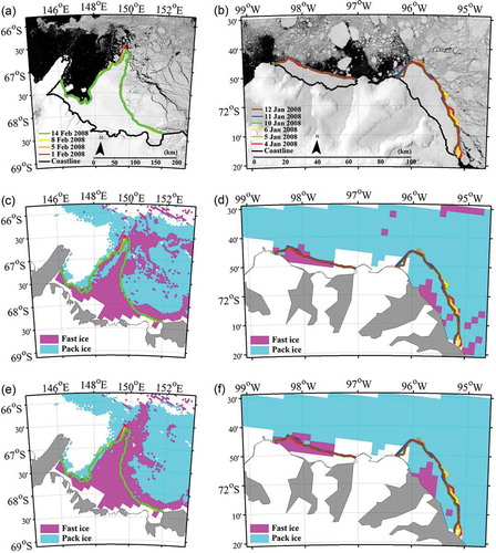 Figure 3. Comparison of fast ice mapping results by model with the 250-m MODIS images during the periods of relatively stable fast ice around (a) Mertz and (b) Abbot Ice Shelf in the East and West Antarctica, respectively. The lines in (a) and (b) indicate fast ice edges delineated from the MODIS images based on visual interpretation. Decision tree results are shown in (c) and (d), while random forest results are in (e) and (f). MODIS images with the maximum fast ice cover were used as background images in (a) and (b).