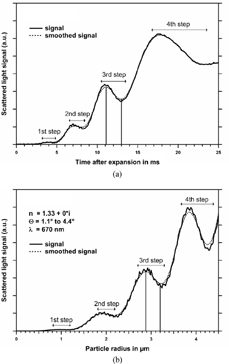 FIG. 4 Comparison of experimental (a) and theoretical (b) scattered light intensity. The vertical lines indicate the maximum and the minimum of the third step, respectively.