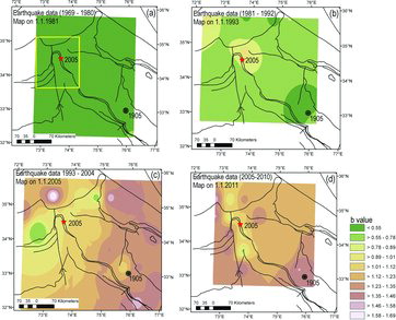 Figure 7. Maps showing spatial variation in b-value from time domain 1969 to 2010; b-value map of (a) January 1981 (earthquake database January 1969–December 1980), yellow box indicates the epicentral block of Muzaffarabad earthquake, (b) January 1993 (earthquake database January 1981–December 1992), (c) January 2005 (earthquake database January 1993–December 2004), (d) January 2011 (earthquake database January 2005–December 2010), b-value is calculated for 1° × 1° blocks plotted at the centre of each block and contoured. Epicentre for the 8 October 2005 Muzaffarabad earthquake (star) and 1905 Kangra earthquake as filled circle are shown. Note that the epicentre of 2005 locates close to the moderate high b-value zone.