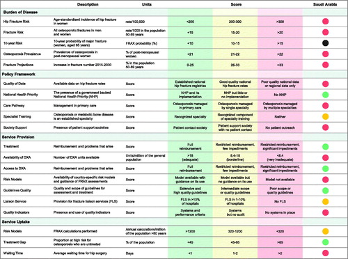 Figure 1. Scorecard for osteoporosis in Saudi Arabia. Abbreviations. DXA, dual-energy x-ray absorptiometry; FLS, fracture liaison service; FRAX, fracture risk assessment model; NHP, national health priority.