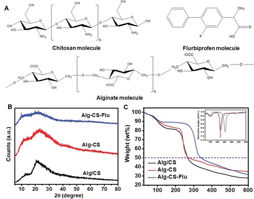 Figure 5 (A) Molecules of CS, Alg, and Flu; (B) WAXRD patterns of Alg/CS, Alg-CS, and Alg-CS-Flu scaffolds; (C) TG curves of Alg/CS, Alg-CS, and Alg-CS-Flu scaffolds; inset shows the DTG curves of scaffolds.