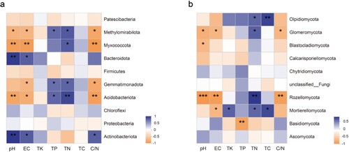 Figure 6. Correlation between soil factors and bacterial (a)/fungal (b) community at the phyla level. TC, total carbon; TN, total nitrogen. *, p < 0.05; **, p < 0.01; ***, p < 0.001.