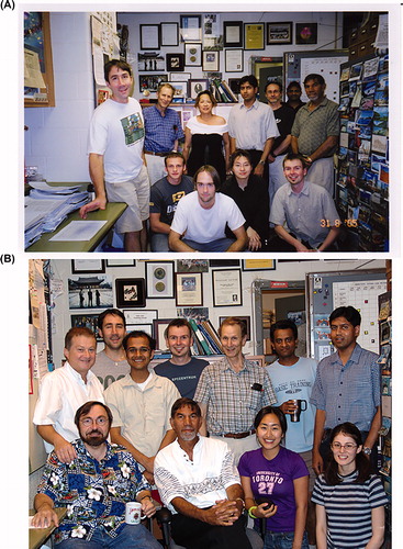 Figure 12. Atwood lab group photos from 2005. (A) Back row – Harold Atwood, Una Cheung, Jeffrey Dason, Martin Wojtowicz, Bala Iyengar, and Leo Marin. Front row – Markus Klose, Ruvim Radik, Jason Snyder, Jennifer Chou, and Franz Kainz. (B) Back row – Haymo Bradacs, Markus Klose, Maulik Vora, Franz Kainz, Harold Atwood, Bala Iyengar, and Jeffrey Dason. Front row – Joffre Mercier, Leo Marin, Katrina Choe, and Vered Kakzanov.