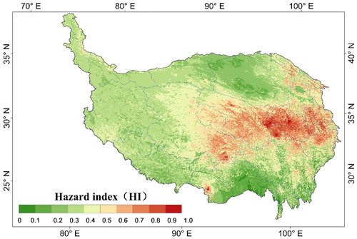 Figure 6 The spatial distribution of hazard index (HI) of the SD in the QTP. (Note: all the values are dimensionless and are normalized into 0-1).