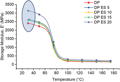 Figure 3. Effect of eggshell filler loading in bio-epoxy/date palm fiber composite on storage modulus value.