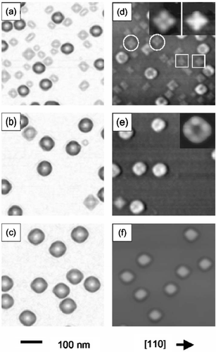 Figure 7. AFM images of Ge/Si(001) samples before (left column) and after (right column) the selective etching process. The growth temperatures are 580°C, 600°C and 620°C for the upper, central and lower row, respectively. The insets show a higher magnification (80 × 80 nm2) of the observed etched morphologies. The two different types of etched pyramids in (d) are attributed to the locally non-uniform distribution and density of the islands Citation35. Reprinted with permission from G. Katsaros, G. Costantini, M. Stoffel, R. Esteban, A.M. Bittner, A. Rastelli, U. Denker, O.G. Schmidt, K. Kern, Phys. Rev. B 72, 195320 (2005). Copyright 2005 by the American Physical Society.