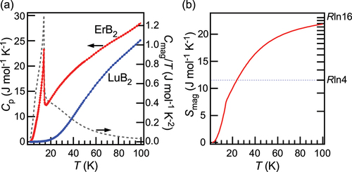 Figure 4. (a) Specific heat of ErB2 and LuB2 (left axis, solid lines) and estimated Cmag/T (right axis, dashed line). (b) Magnetic entropy curve of ErB2 as a function of temperature.