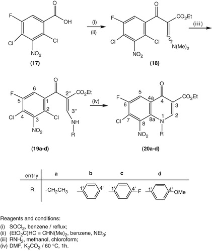 Scheme 1. synthesis of ethyl 7-chloro-1-(ethyl/aryl)-6-fluoro-8-nitro-4-oxo-1,4-dihydroquinoline-3-carboxylates (20a–d).