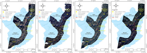 Figure 9. Interpreted maps of reservoir landslides at the Jinping I Hydropower Station: (a) interpreted map before impoundment; (b) interpreted map after stage II of reservoir impoundment; (c) interpreted map after stage IV of reservoir impoundment and (d) interpreted map after stage V of reservoir drawdown (China Center for Resources Satellite Data and Application, http://www.cresda.com/).