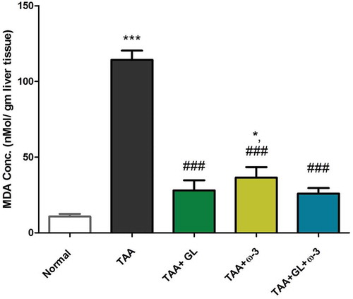 Figure 6. Change in liver malondialdehyde (MDA) concentration in rats after oral administration of glycyrrhizin (GL) (25mg/kg/day), omega-3 fatty acids (ω-3) (150 mg/kg/day) and their combination for 8 weeks along with thioacetamide (TAA) (200mg/kg twice weekly).Values: (Mean ± SE), n = 8 rats per group.* = significant against normal group at P < 0.05, *** = significant against normal group at P < 0.0005, ### = significant against TAA group at P < 0.0005.