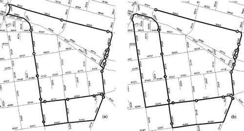 Figure 9. Schematic of Route 1 obtained with the ArcGIS TSP solver: (a) first time sweeping route; (b) second time and return sweeping route.