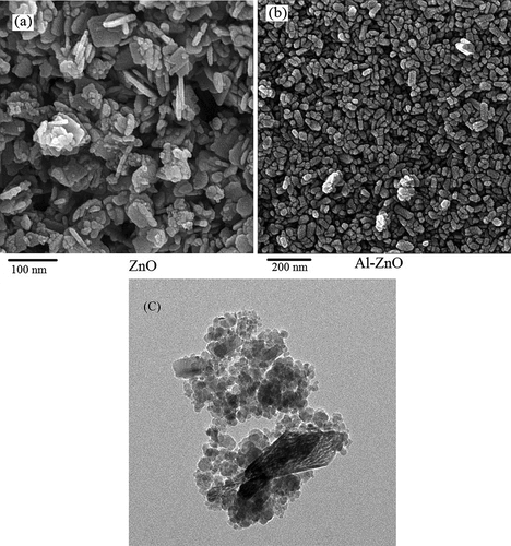 Figure 4. SEM pictures of (a) ZnO, (b) Al-ZnO, and (c) TEM image of Al-ZnO.