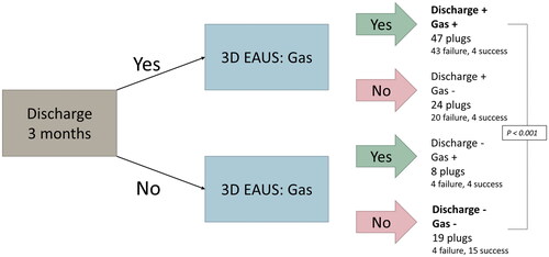 Figure 4. Result algorithm for the relationship between the clinical symptom of fluid discharge through the external fistula opening combined with the 3D EAUS parameter of gas in fistula 3 months after the AFP procedure analysed in relation to AFP failure for “the double positive” and “double negative” plugs (Fischer’s exact test, p < 0.001).