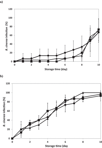 Figure 5. Botrytis cinerea incidence over storage at 6 ± 1°C in artificially inoculated strawberries cv. Fortuna (a) and Aroma (b) subjected to aqueous ozone (4.4 mg O3 L−1) during different exposure times. (●) Control; (◼) 5 min O3; (▲) 10 min O3.