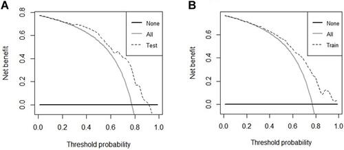 Figure 8 The DCA curves of the nomogram for predicting 1-, 2- and 3-year CSS in the development cohort (A) and validation cohort (B).