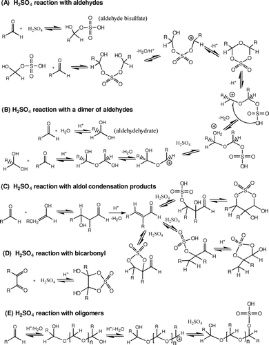 FIG. 5 Proposed mechanisms for the formation of organic sulfate by the reaction of sulfuric acid with organic carbonyls.