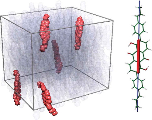 Figure 9. (colour online) A snapshot of a liquid crystal guest–host MD simulation (left) showing the dye molecules in orange and the host molecules in translucent grey. The visible TDM (red) and long molecular axis (blue) are also shown overlaid on the DFT-optimised structure of the dye (right).