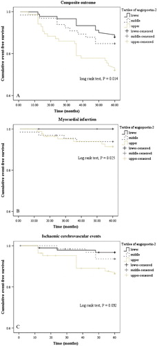 Figure 1 Kaplan‐Meier cumulative event‐free survival charts between tertiles of plasma angiopoietin‐2 levels, in relation to cardiovascular outcomes. A: Composite cardiovascular outcomes; B: myocardial infarction; C: ischaemic cerebrovascular events.