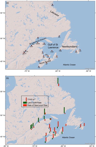 Fig. 1 (a) Map of eastern Canada. PEI is Prince Edward Island. Abbreviations for tide-gauge names are listed in Table 1. (b) Rates of RSL change and land uplift.