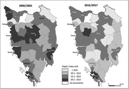 Figure 6. Average number of students per class in cities and municipalities of Istria at the end of schools years 2000/2001 and 2016/2017. Source: Prepared by the author, according to CBS (Citation2002–2005, 2006–2018).